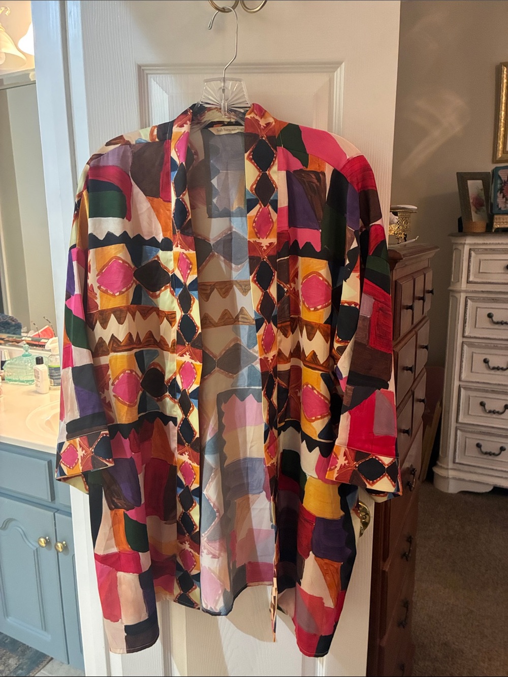 Soft Surroundings Multi-Color Geometric Pattern Open Front Kimono Jacket SZ S/M